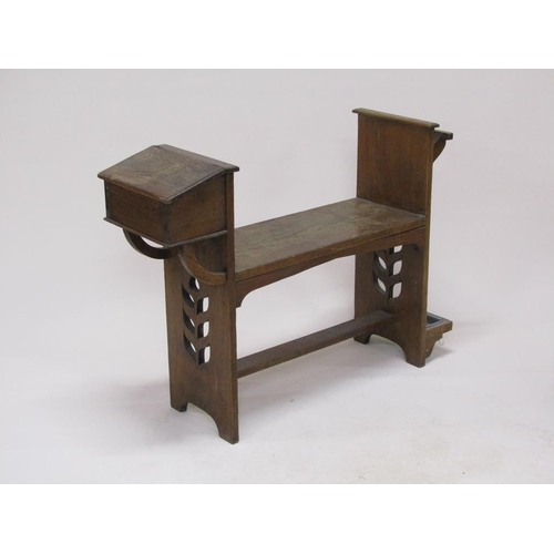 312 - An early 20c Liberty style oak hall seat with stick stand and side box with lift up cover, 101cm w, ... 