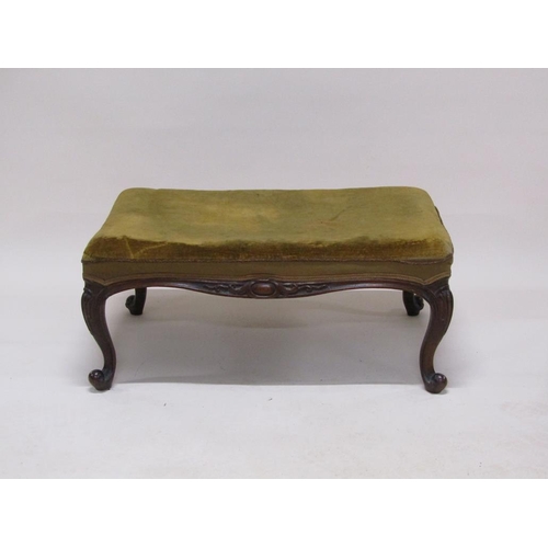 317 - A Victorian two seater stool with a carved mahogany show frame, having cabriole legs, upholstered se... 