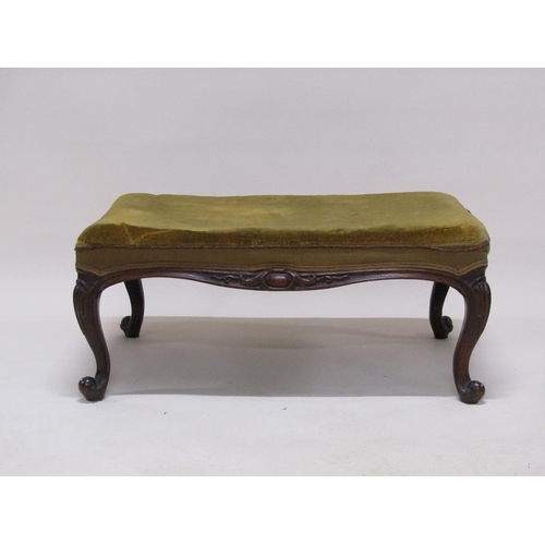 317 - A Victorian two seater stool with a carved mahogany show frame, having cabriole legs, upholstered se... 