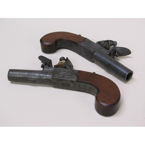 9 - A pair of 19c English pocket flinklock pistols, engraved with makers marks Jones, London, with walnu... 