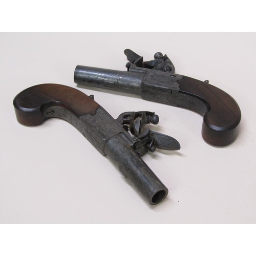 9 - A pair of 19c English pocket flinklock pistols, engraved with makers marks Jones, London, with walnu... 