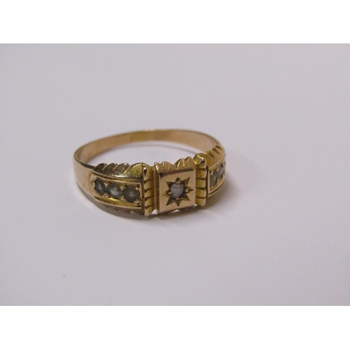 104 - A Victorian gold (unmarked) seed pearl and diamond set ring, central starburst set diamond surrounde... 