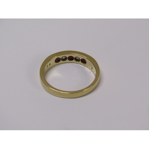 108 - An 18ct gold ruby and diamond half eternity ring, size P 1/2, 4.9g.