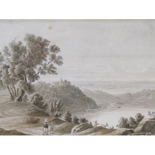 235 - Jost Pfyffer  1838 - Pair, Southern European landscape with church buildings and a lake with figures... 