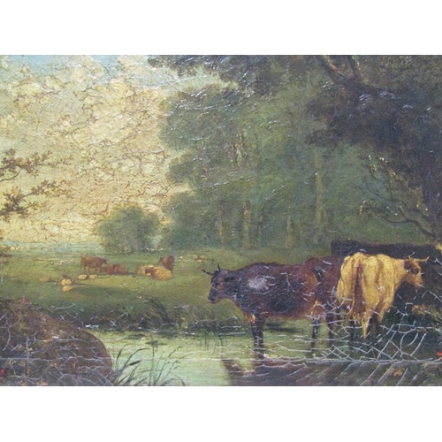 247 - Unsigned 19c - Cattle resting in a pool with sheep in the adjoining meadow, oil on canvas, framed, 2... 