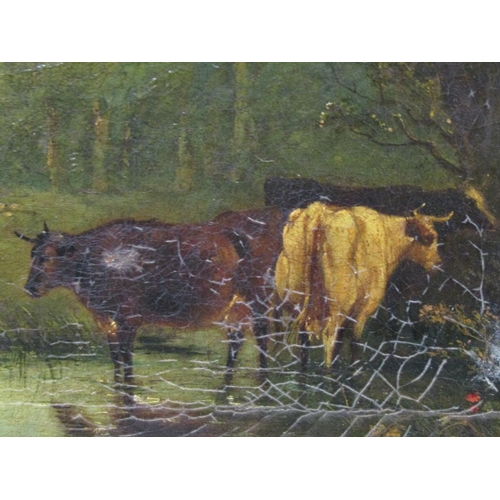 247 - Unsigned 19c - Cattle resting in a pool with sheep in the adjoining meadow, oil on canvas, framed, 2... 