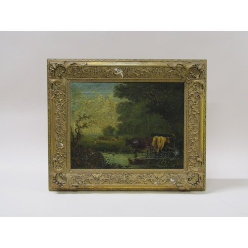 247 - Unsigned 19c - Cattle resting in a pool with sheep in the adjoining meadow, oil on canvas, framed, 2... 