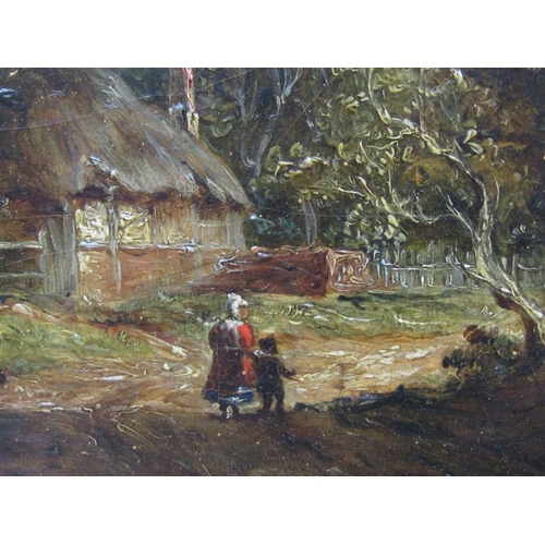 248 - Unsigned 19c - Thatched cottage in a timbered landscape with mother and child on a roadway, oil on b... 