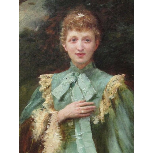 251 - Thomas Benjamin Kennington - Portrait of Lady Hartland, signed, oil on canvas, framed, 57cm x 36cm.