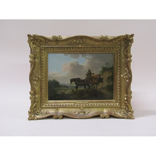 254 - J Rathbone - Going to market,  label to reverse, oil on board, framed, 17cm x 24cm.