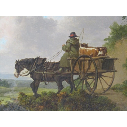 254 - J Rathbone - Going to market,  label to reverse, oil on board, framed, 17cm x 24cm.