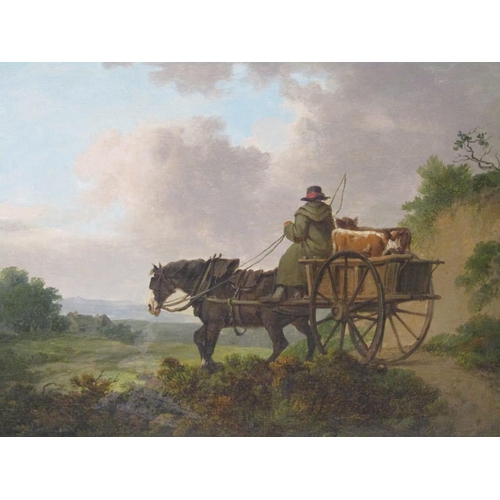 254 - J Rathbone - Going to market,  label to reverse, oil on board, framed, 17cm x 24cm.