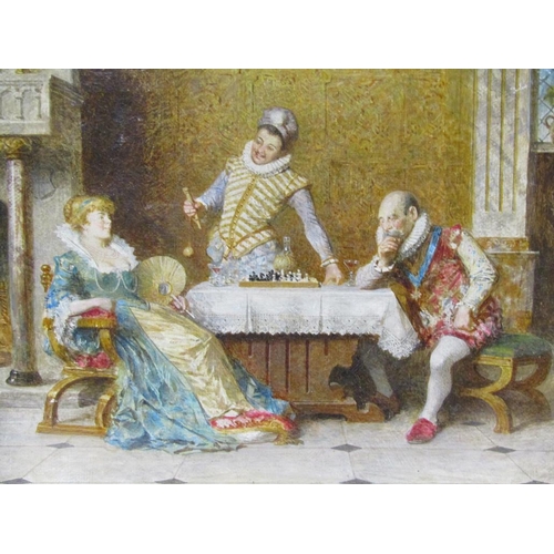 257 - Alfred Holst Tourrier 1836/1892 - Game of chess, signed, oil on canvas, framed, 24cm x 29cm.