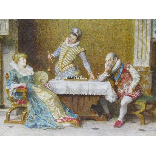 257 - Alfred Holst Tourrier 1836/1892 - Game of chess, signed, oil on canvas, framed, 24cm x 29cm.