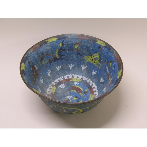 37 - A late 18c/early 19c cloisonné bowl decorated with a horse and fish design, a/f, 29cm diam.