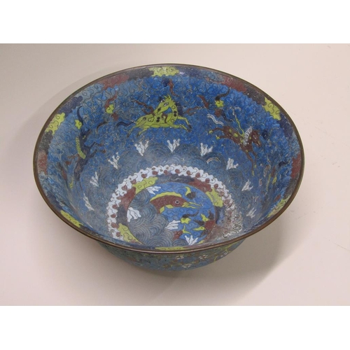 37 - A late 18c/early 19c cloisonné bowl decorated with a horse and fish design, a/f, 29cm diam.