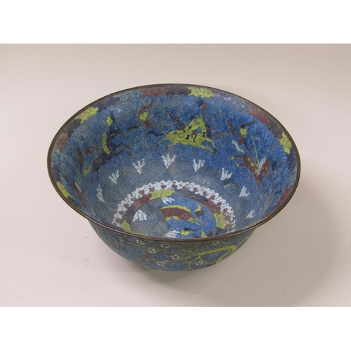 37 - A late 18c/early 19c cloisonné bowl decorated with a horse and fish design, a/f, 29cm diam.