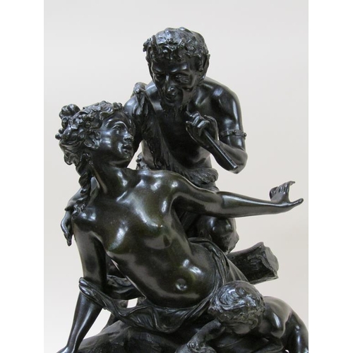 44 - A late 19c Bacchanalian patinated bronze figure group Pans and Ariadne, after Clodion, a/f female mi... 