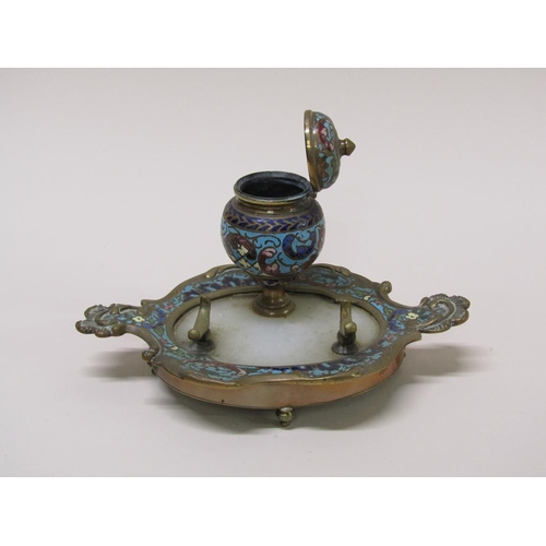 50 - A late 19c French single bottle inkstand with brass and alabaster base with pen rack and champlevé e... 