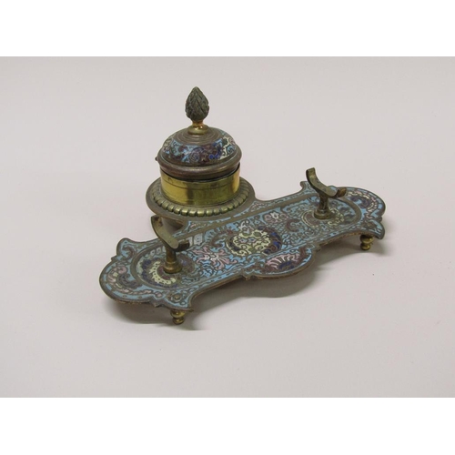 51 - A late 19c French brass champlevé enamel decorated single bottle inkstand with pineapple finial to t... 