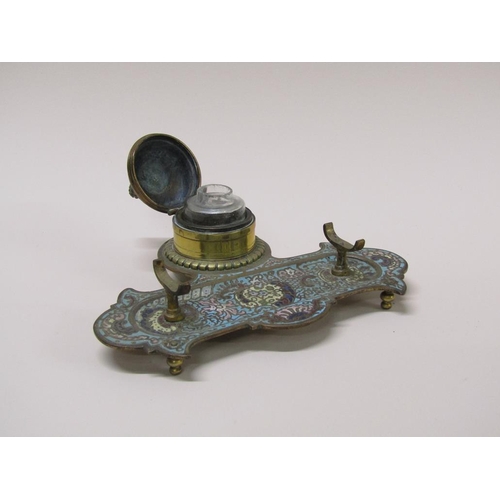 51 - A late 19c French brass champlevé enamel decorated single bottle inkstand with pineapple finial to t... 