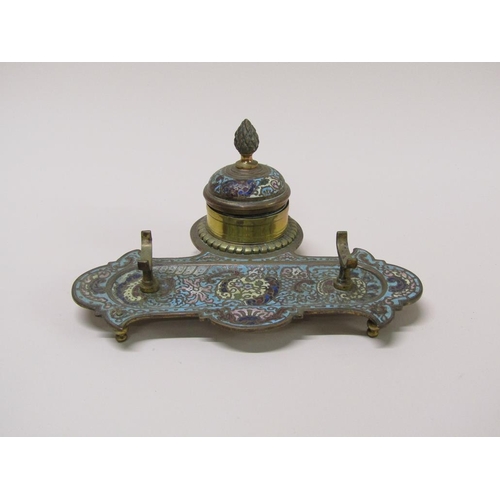 51 - A late 19c French brass champlevé enamel decorated single bottle inkstand with pineapple finial to t... 