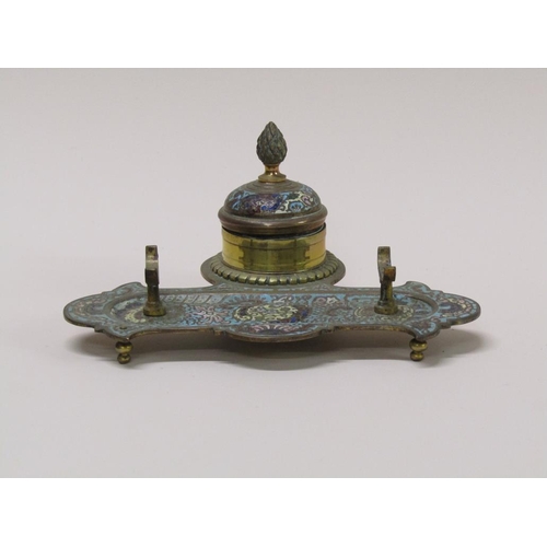 51 - A late 19c French brass champlevé enamel decorated single bottle inkstand with pineapple finial to t... 