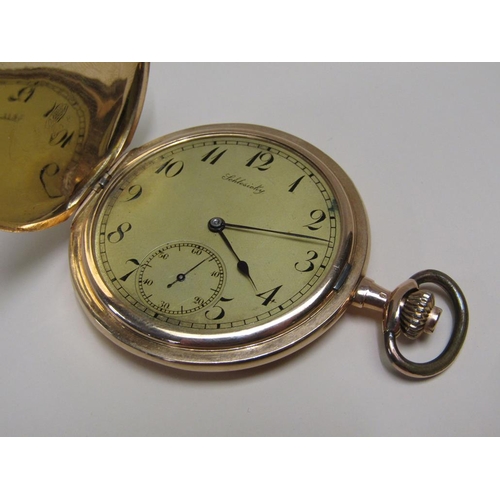 81 - A Continental 14ct gold pocket watch by Schlesicky Frankfurt, keyless wind, gold dial with black Ara... 