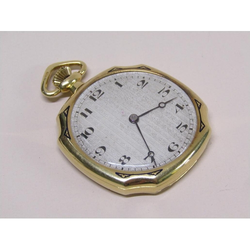 83 - An 18ct gold and blue enamel pocket watch, keyless wind, silver engine turned dial, the case with bl... 