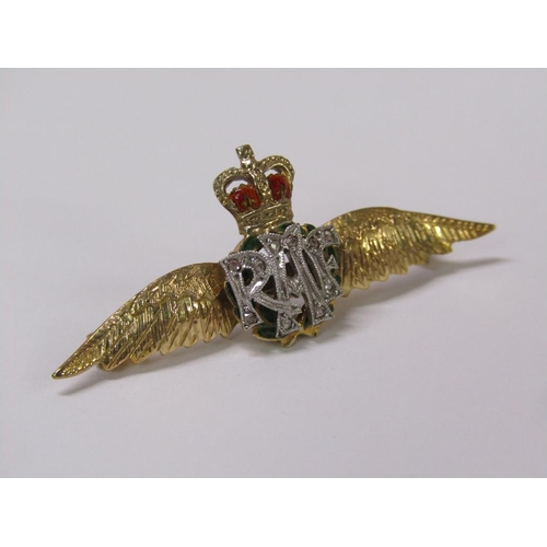 85 - A 9ct gold enamel and diamond RAF wings badge/brooch, makers mark C F, in a Skinner & Co fitted box,... 