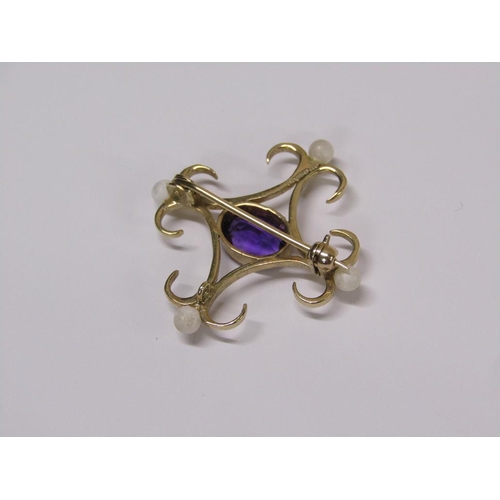 96 - A 20c, Victorian style, quatrefoil seed pearl and amethyst set pendant brooch, 2.2g.