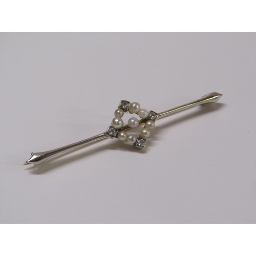 97 - A 15ct gold seed pearl and diamond set  bar brooch, 5cm w, 2.7g.