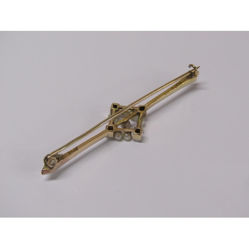 97 - A 15ct gold seed pearl and diamond set  bar brooch, 5cm w, 2.7g.