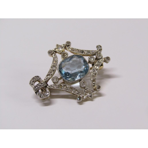 99 - A gold diamond and aquamarine set brooch of bow and swag form, central aquamarine surrounded by grad... 