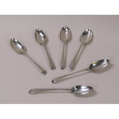 117 - A matched set of six late Georgian silver dessert spoons, date marks rubbed, 6.7ozt.