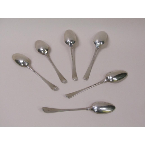 117 - A matched set of six late Georgian silver dessert spoons, date marks rubbed, 6.7ozt.