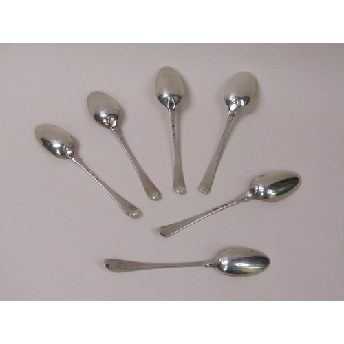 117 - A matched set of six late Georgian silver dessert spoons, date marks rubbed, 6.7ozt.