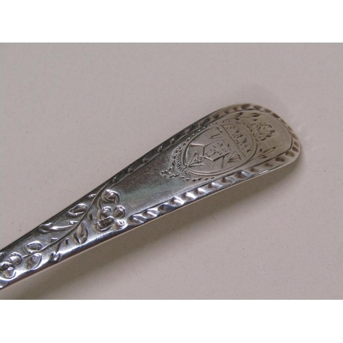 117 - A matched set of six late Georgian silver dessert spoons, date marks rubbed, 6.7ozt.