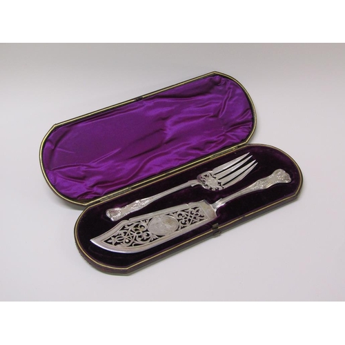 129 - A pair of silver fish servers, London 1877, server 31cm l, fork 24cm l, 8.3ozt total, in box.