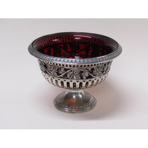 134 - A Continental .800 std silver fruit bowl on stand with a ruby glass liner, makers mark for Friedland... 