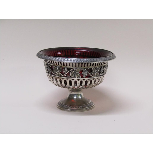 134 - A Continental .800 std silver fruit bowl on stand with a ruby glass liner, makers mark for Friedland... 