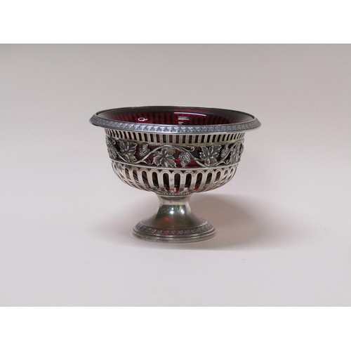 134 - A Continental .800 std silver fruit bowl on stand with a ruby glass liner, makers mark for Friedland... 