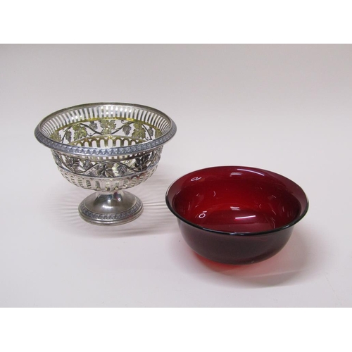 134 - A Continental .800 std silver fruit bowl on stand with a ruby glass liner, makers mark for Friedland... 