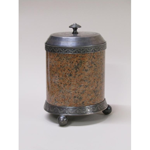 136 - A Victorian biscuit box of stone form with silver mounts and hinged cover, supported on bold ball fe... 