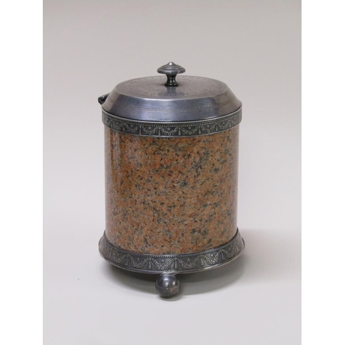 136 - A Victorian biscuit box of stone form with silver mounts and hinged cover, supported on bold ball fe... 