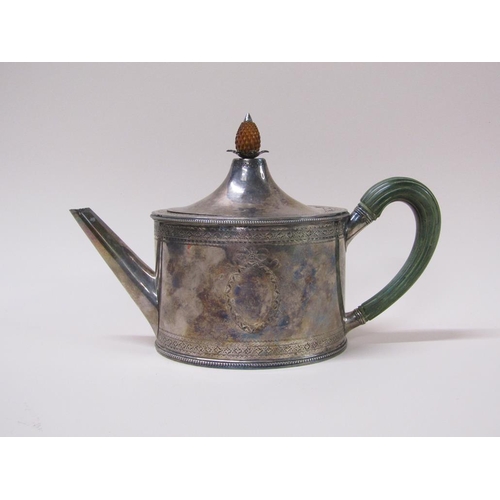 139 - A George III silver teapot of oval form with a hinged domed cover having carved wood pineapple finia... 