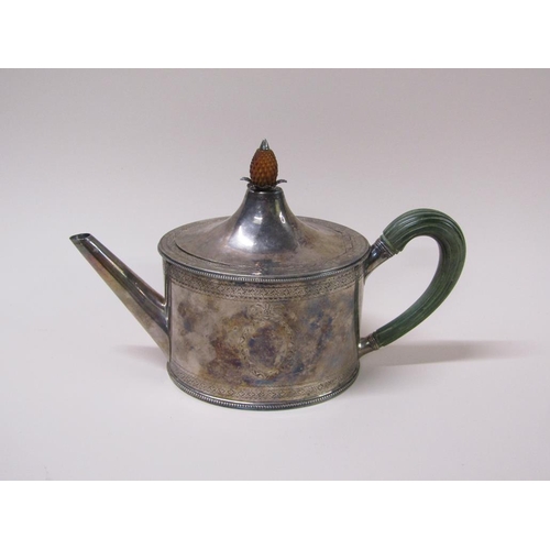 139 - A George III silver teapot of oval form with a hinged domed cover having carved wood pineapple finia... 