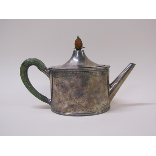 139 - A George III silver teapot of oval form with a hinged domed cover having carved wood pineapple finia... 