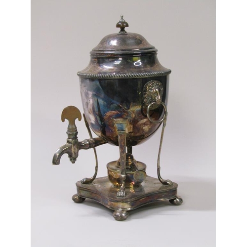 146 - A 19c, Regency style, Sheffield plate coffee urn of ovoid form with a lift off dome cover having a t... 