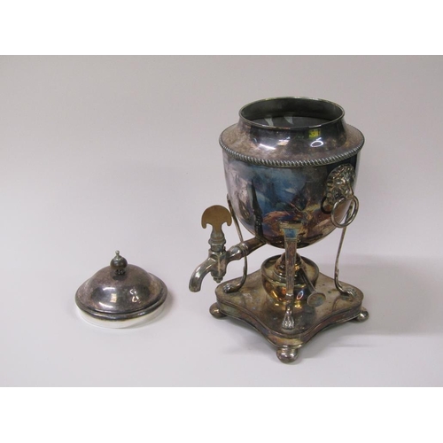 146 - A 19c, Regency style, Sheffield plate coffee urn of ovoid form with a lift off dome cover having a t... 